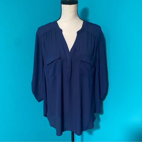 [E] Torrid 1X Solid Navy Blue Harper Georgette Pullover 3/4 Sleeve Blouse - Picture 2 of 6